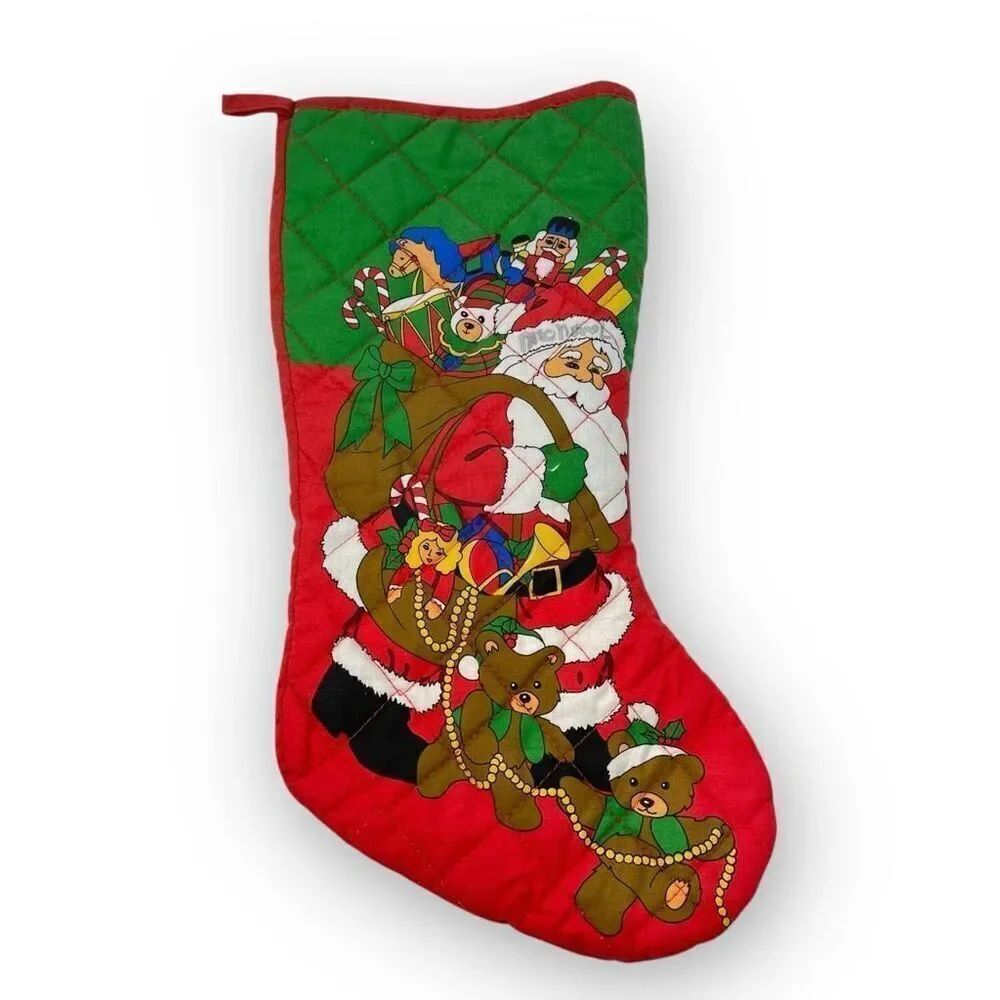 Vintage Quilted Cotton Santa Claus Christmas Stocking Bag Toys Teddy Written On